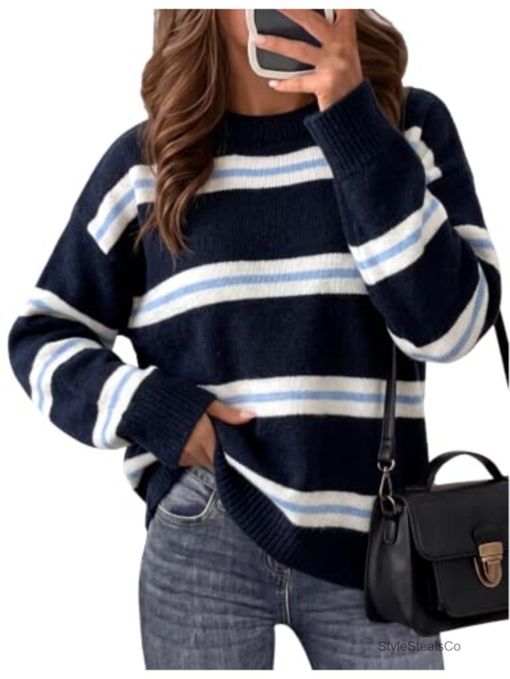 Oversized Striped Rugby Knit Sweater Crew Neck Pullover Long Sleeve